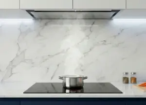 Coifa de embutir instalada em cozinha planejada com cooktop e panela liberando vapor sobre bancada em mármore claro