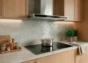 Cooktop de indução com panela em uso sob coifa inox em cozinha planejada com marcenaria em madeira clara e revestimento cerâmico