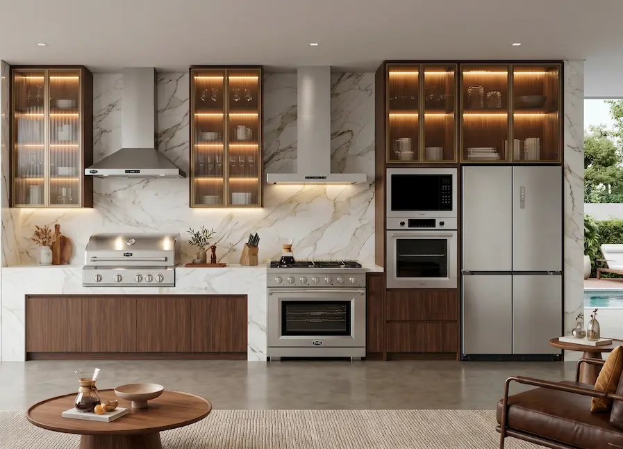 Cozinha gourmet moderna com eletrodomésticos embutidos, churrasqueira a gás, coifas, forno, cooktop e refrigerador integrados à marcenaria sofisticada