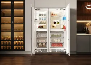 Composição de All Fridge e All Freezer embutidos na marcenaria, com portas abertas exibindo alimentos refrigerados organizados em prateleiras e gavetas, integrados a uma cozinha planejada de alto padrão com adega climatizada ao lado.