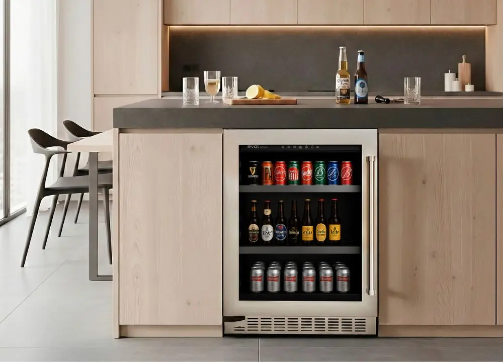 Cervejeira embutida Evol integrada à marcenaria de cozinha planejada, com porta de vidro, acabamento em aço inox e bebidas organizadas em prateleiras internas sob bancada moderna.