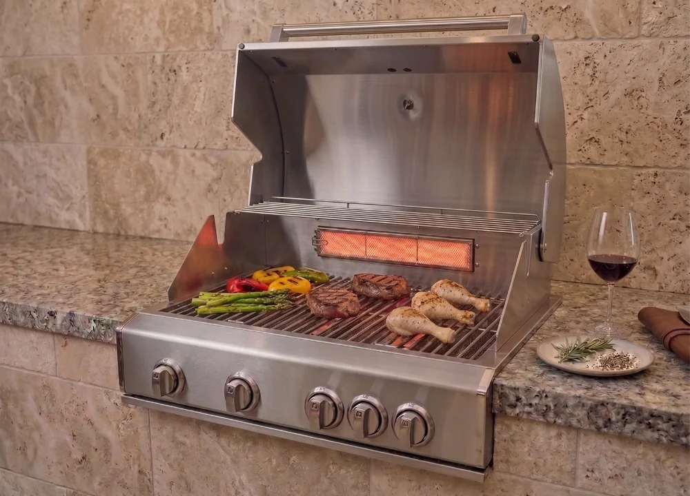 Churrasqueira a gás Evol em aço inox com queimador infrared traseiro em funcionamento, instalada em bancada de pedra. Grelha com carnes, legumes e frango sendo preparados, destacando o calor radiante para finalização e douramento dos alimentos.