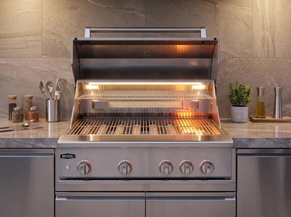 Churrasqueira a gás Evol em aço inox com tampa aberta, equipada com sear burner, grelhas em aço inox e iluminação interna em LED. Instalada em bancada planejada de área gourmet, com utensílios e temperos ao fundo, destacando a ampla área de preparo para carnes e grelhados.