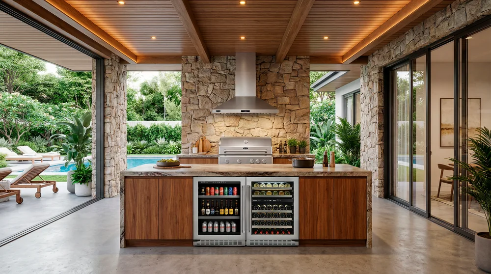 Área gourmet integrada com churrasqueira a gás Evol, coifa em aço inox, cervejeira e adega embutidas na ilha central com acabamento em madeira. Ambiente amplo com paredes de pedra, vista para piscina e jardim, ideal para receber convidados e preparar churrascos ao ar livre.