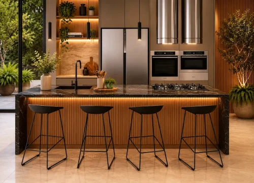 Cozinha planejada contemporânea com ilha central iluminada, refrigerador embutido, forno e micro-ondas de embutir, coifas cilíndricas em inox e acabamentos sofisticados integrados à marcenaria.