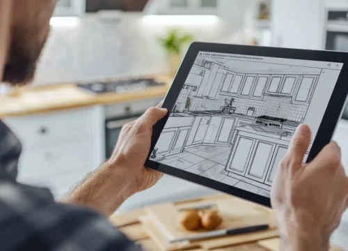 designer-revisando-projeto-de-cozinha-em-tablet