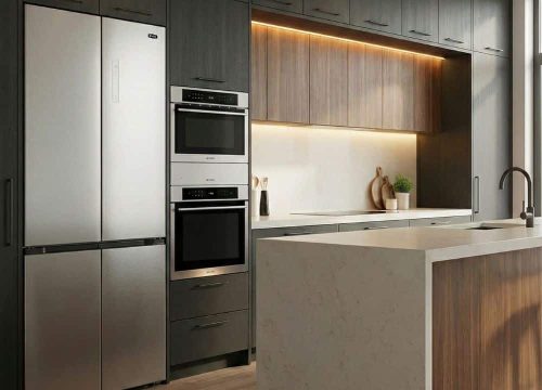 cozinha moderna com geladeira, forno elétrico e gaveta aquecida