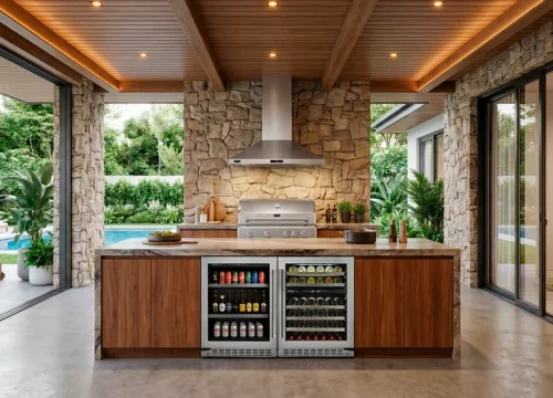 Área gourmet integrada com churrasqueira a gás Evol, coifa em aço inox, cervejeira e adega embutidas na ilha central com acabamento em madeira. Ambiente amplo com paredes de pedra, vista para piscina e jardim, ideal para receber convidados e preparar churrascos ao ar livre.
